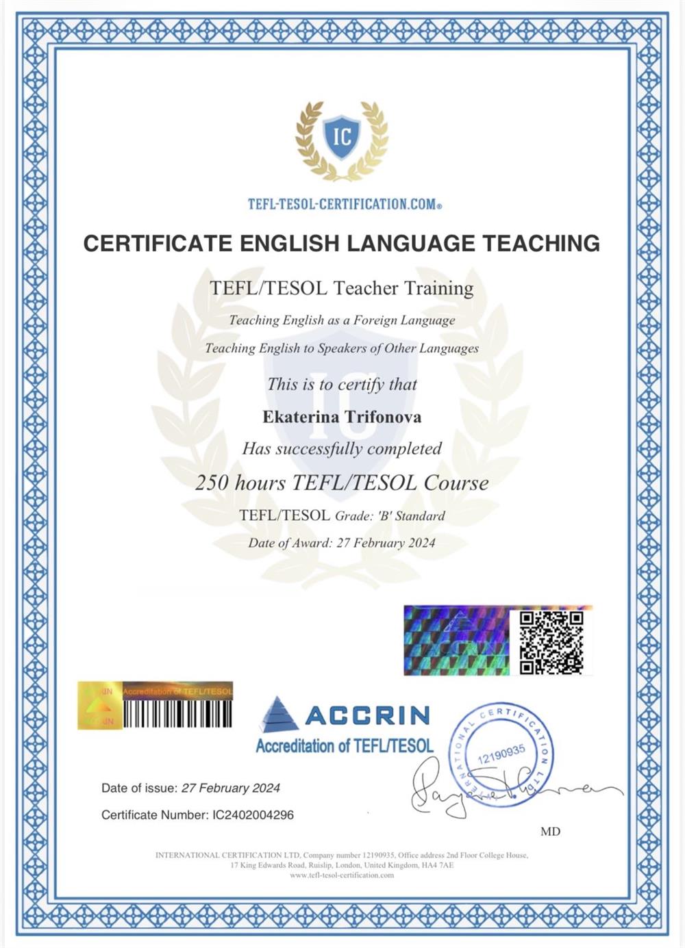 Certificate english language teaching