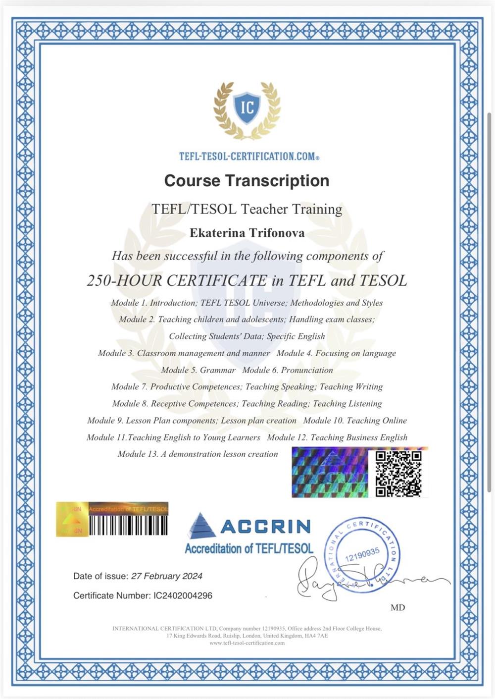 Certificate english language teaching