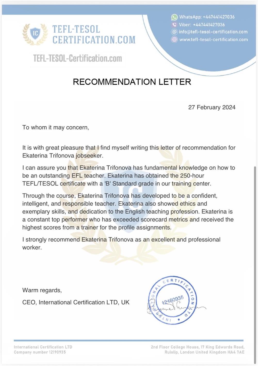 Certificate english language teaching
Recommendation letter