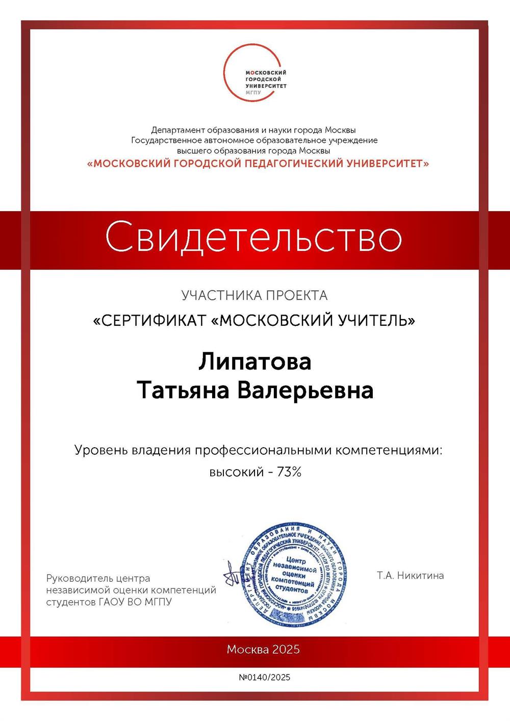 Сертификат победителя проекта «Московский учитель»