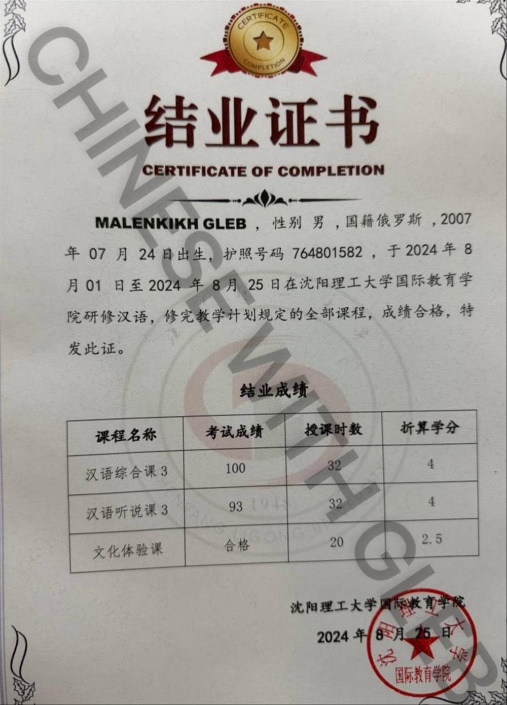 Сертификат об окончании языковой программы университета Shenyang Ligong University с отличием: комплексный китайский (100/100) и аудирование/разговорная речь (93/100).