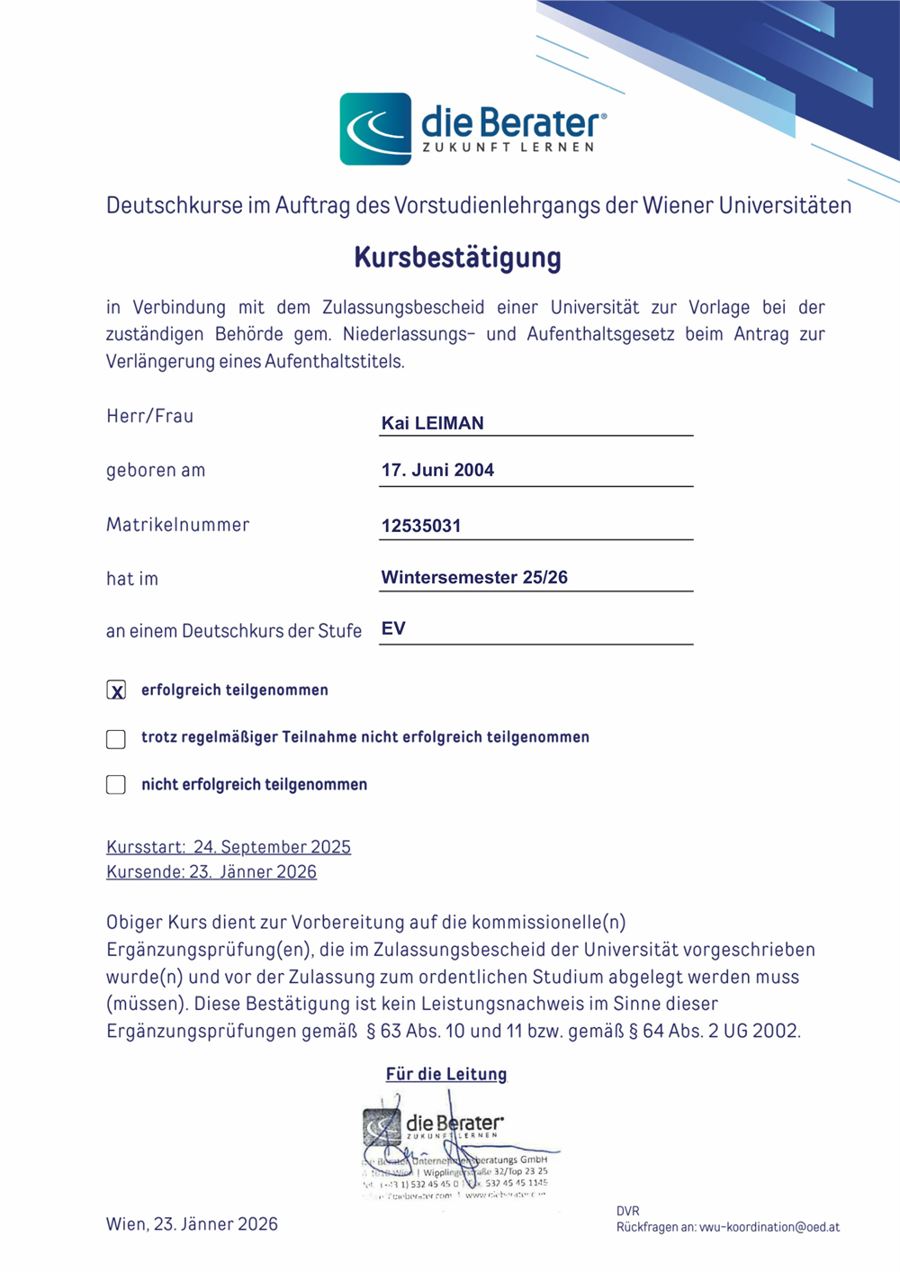 Сертификат о успешном окончание курсов EV (B1+) в Австрии, Вена