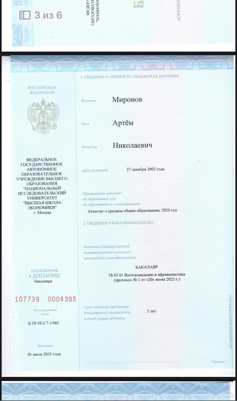 Диплом о бакалаврском образовании «востоковедение и африканистика»