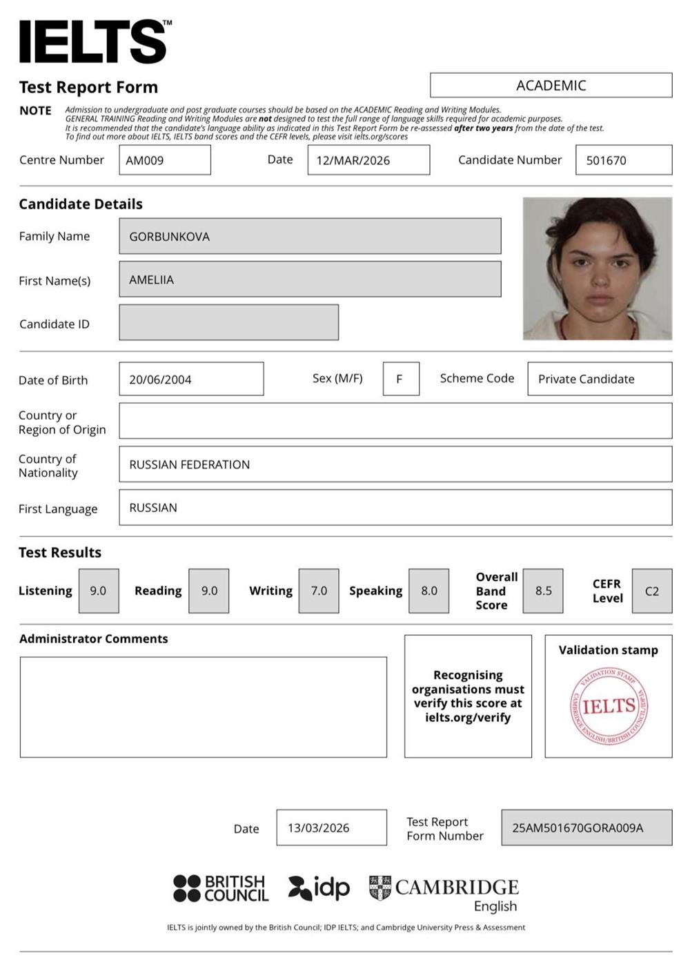 IELTS ON COMPUTER ACADEMIC CERTIFICATE 
