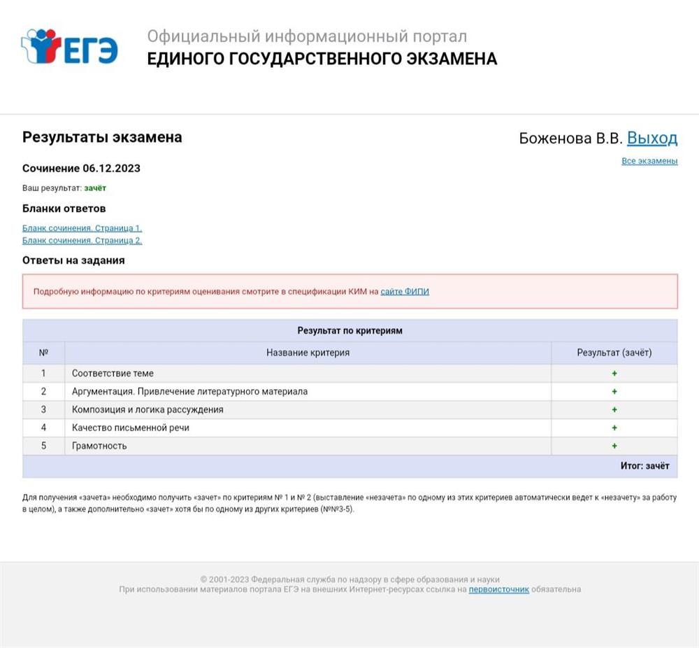 Результаты итогового сочинения