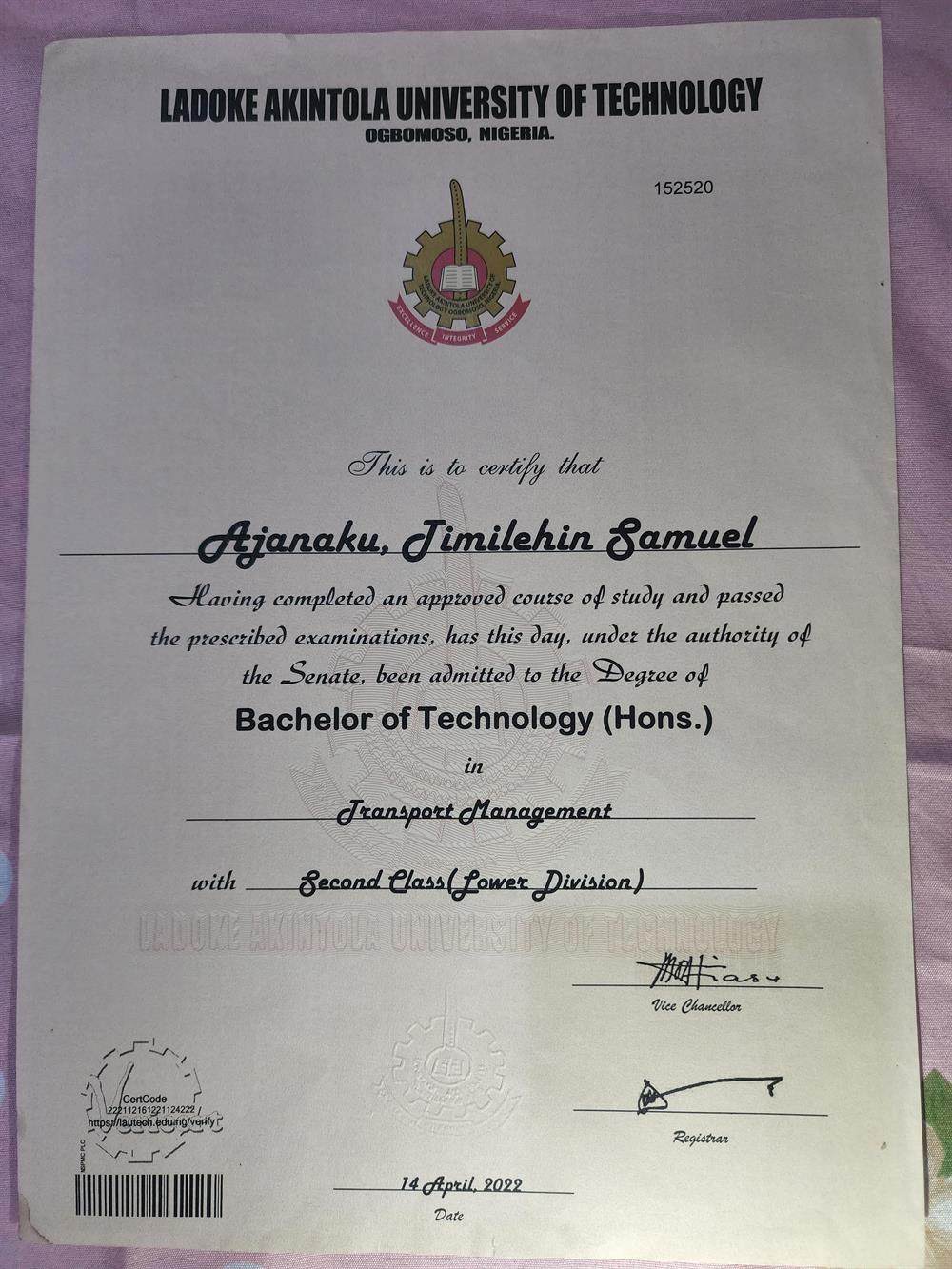 This is my bachelor's degree certificate 