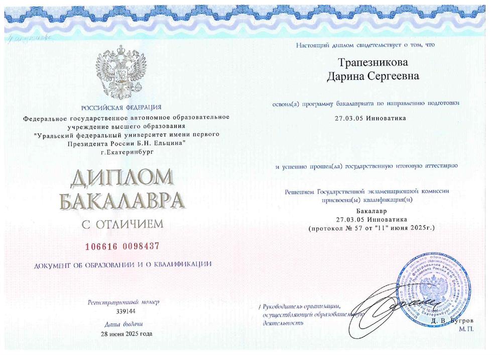 Диплом об оканчании бакалавриата с отличием по направлению "Инноватика"