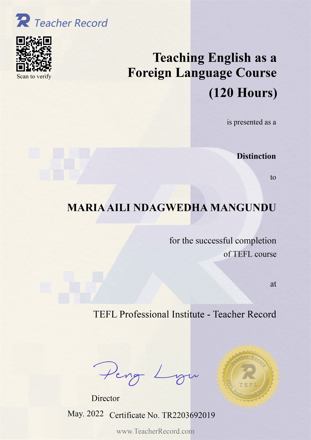 This is a TEFL (120 Hours) Teaching certificate. 