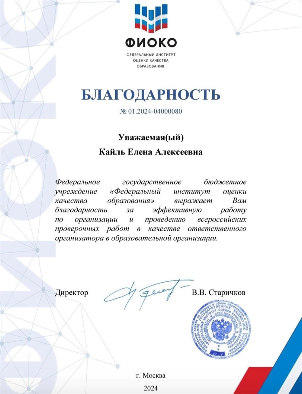 Благодарность за проведение ВПР,ФИОКО Г.МОСКВА