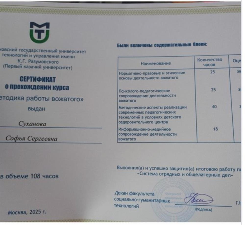 сертификат о прохождении курса вожатого 