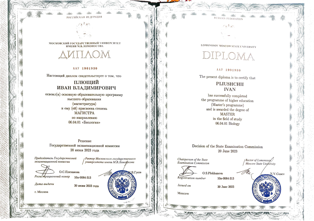 Диплом магистра МГУ им. Ломоносова