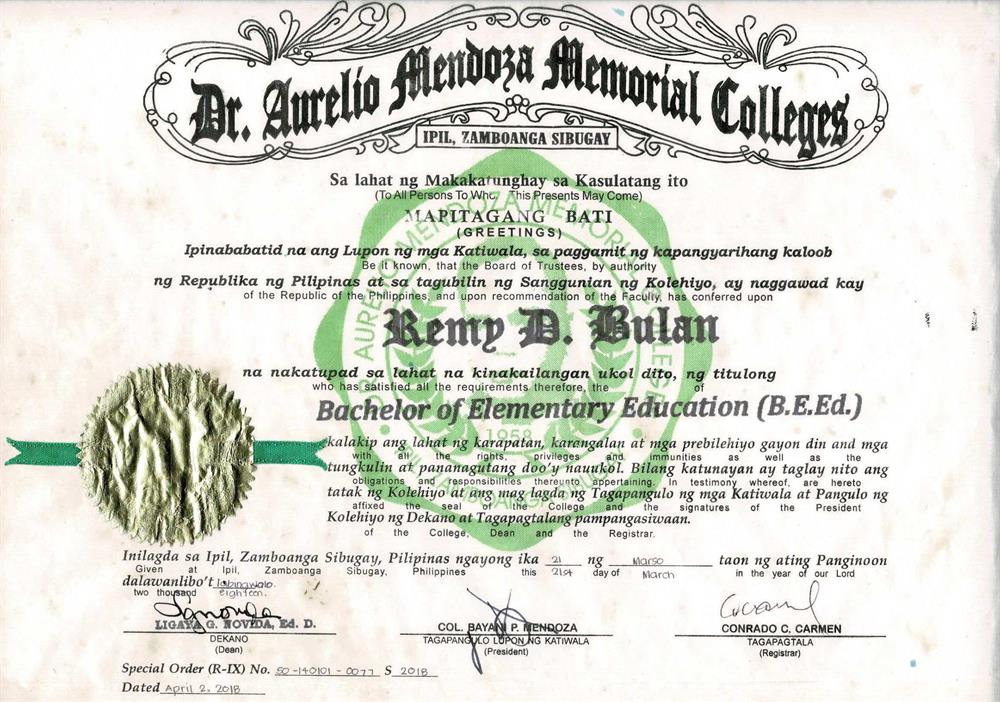 Dr. Aurelio Mendoza Memorial College - Remy Bulan - Bachelort of Elementarty Education