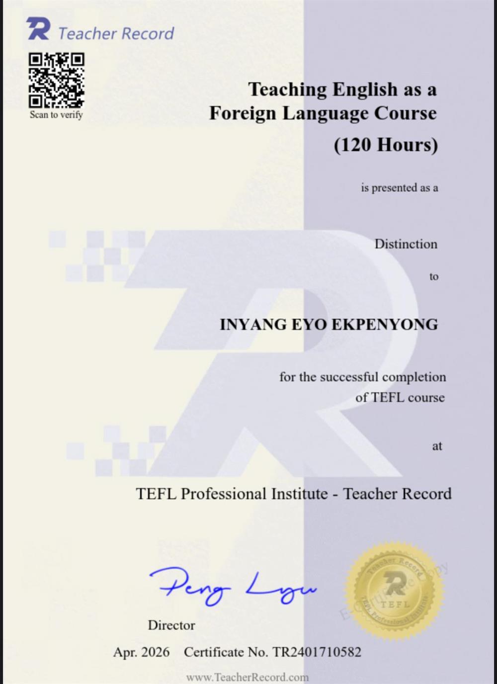 Сертификат об окончании 120-часового курса TEFL.