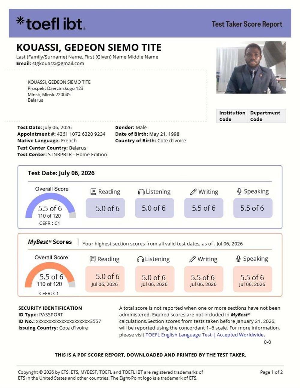 TOEFL Score: 5.5/6 (110/120)