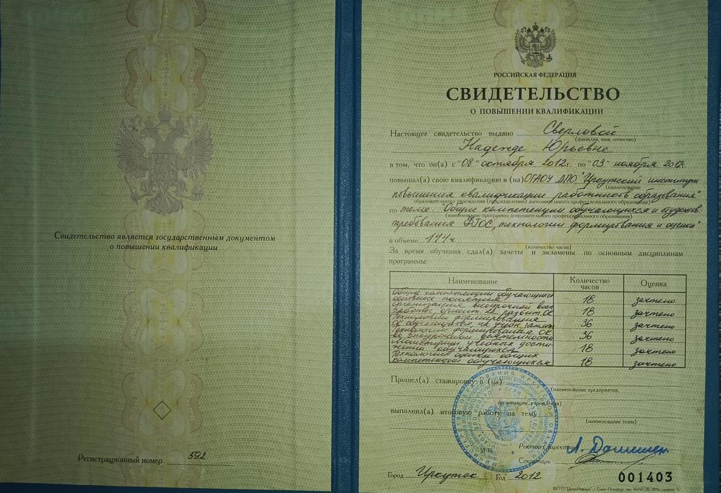 свидетельство о повышении квалификации