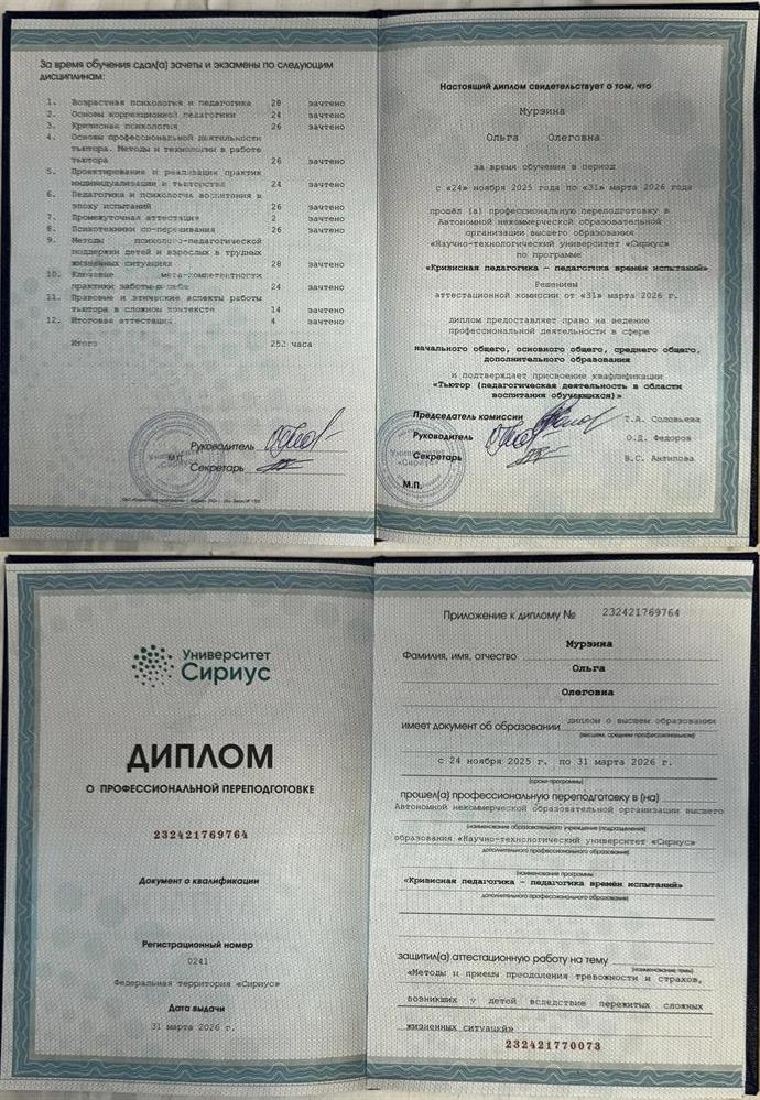 Диплом о профессиональной переподготовке по программе "Кризисная педагогика", АНОО ВО Научно-технологический Университет "Сириус", 2026 год