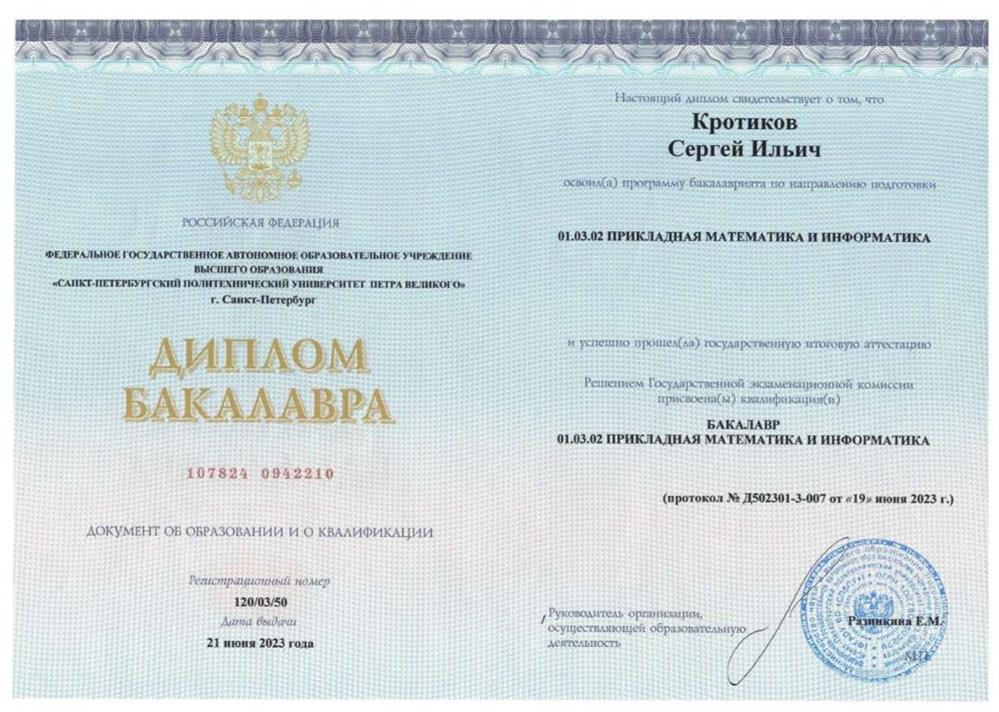 Диплом бакалавра прикладной математики и информатики, СПбПУ, 2023