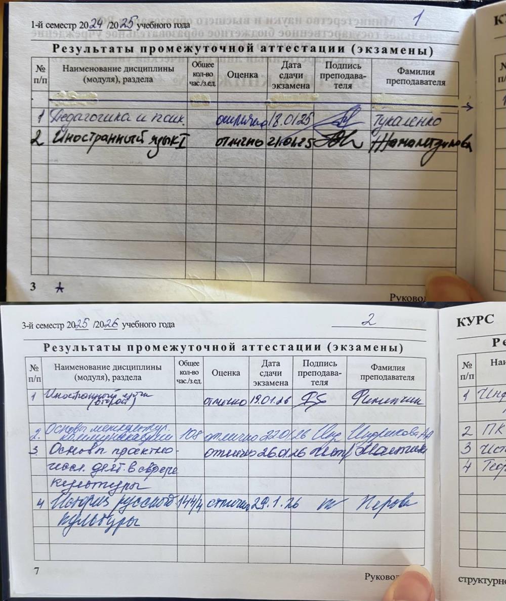 В процессе получения высшего образования. Прикрепляю несколько страниц своей зачетной книжки