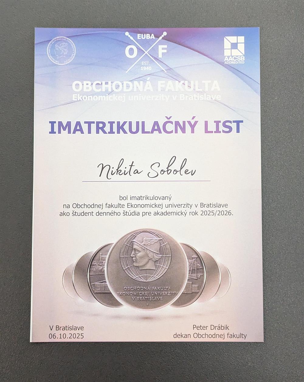 Подтверждение об обучении Bratislava University of Economics and Business