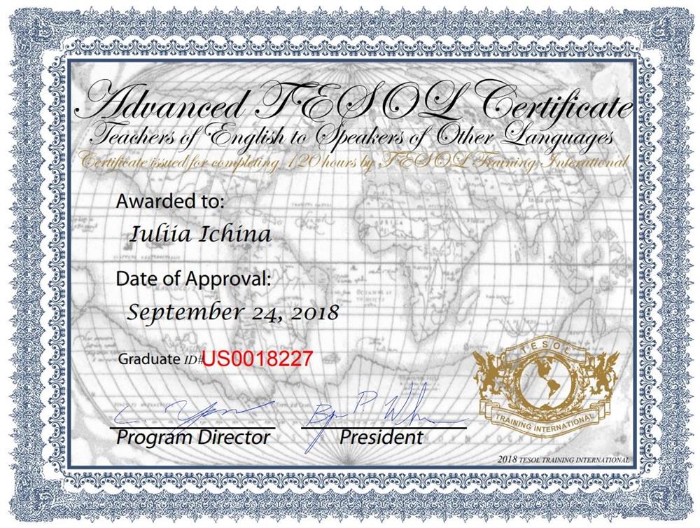 TESOL certificate (Teachers of English to Speakers of other Languages)
