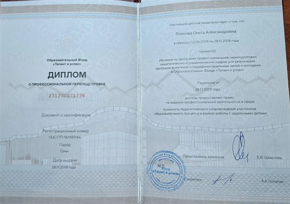 Диплом по программе профессиональной переподготовки (Образовательный Фонд "Талант и успех")
