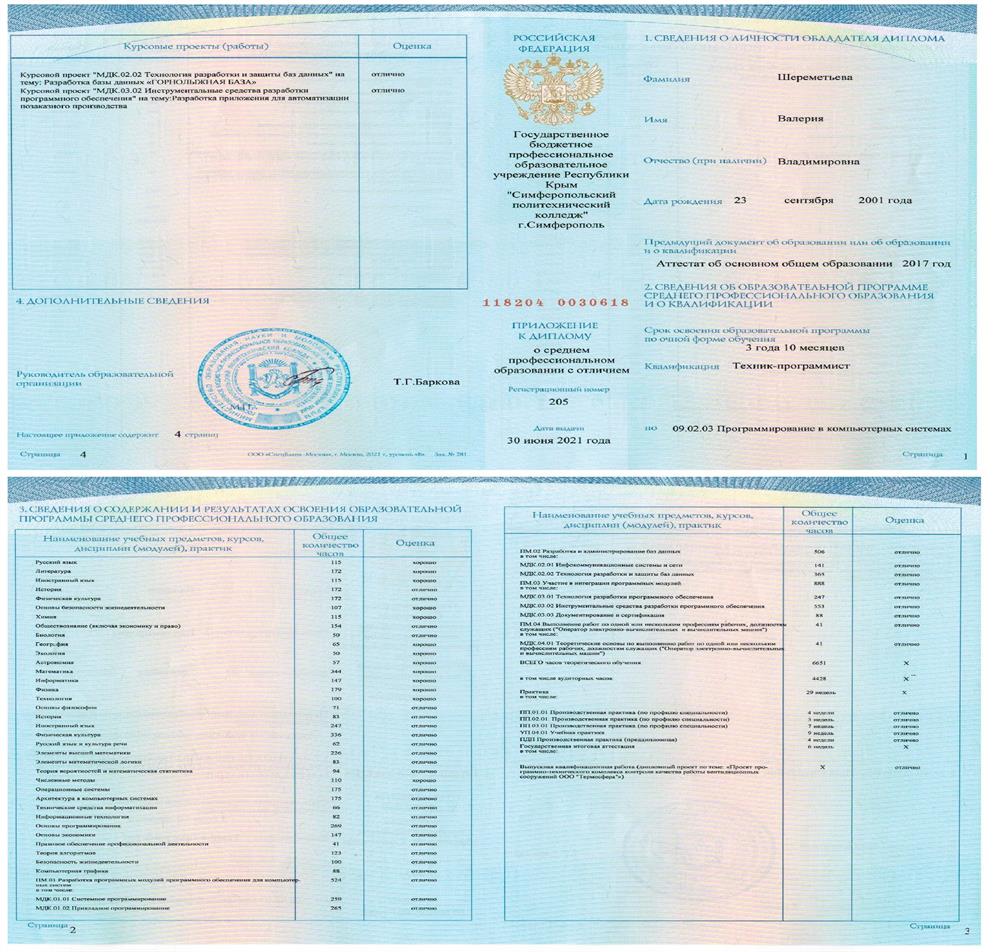 Диплом об отличии, среднее профессиональное образование.