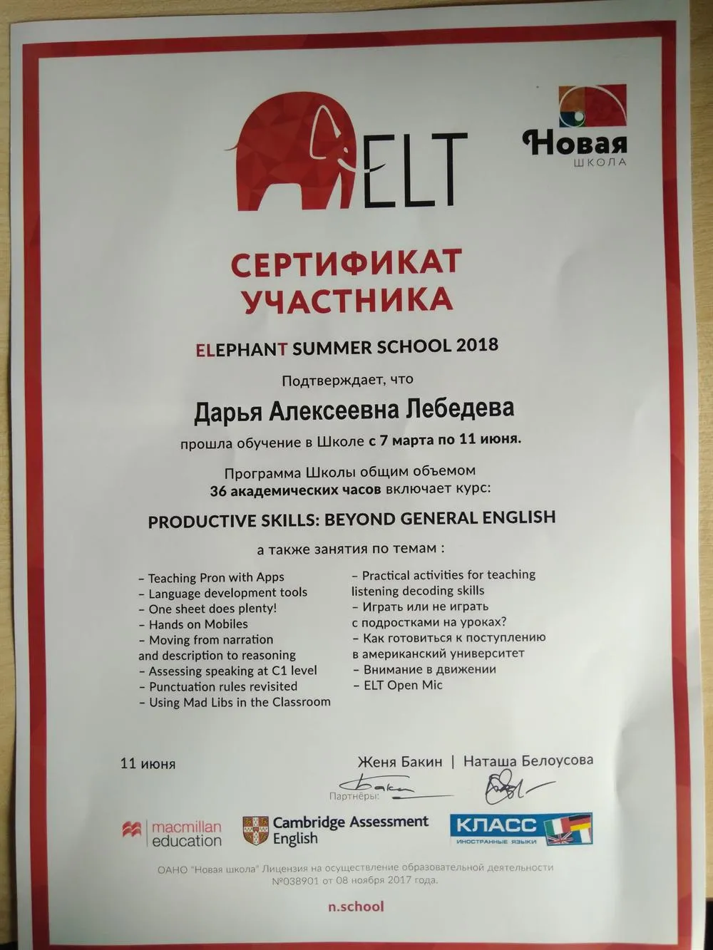 Сертификат Elephant Summer School 2018