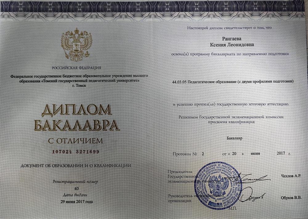 Диплом бакалавра 
Педагогическое образование (с двумя профилями подготовки)