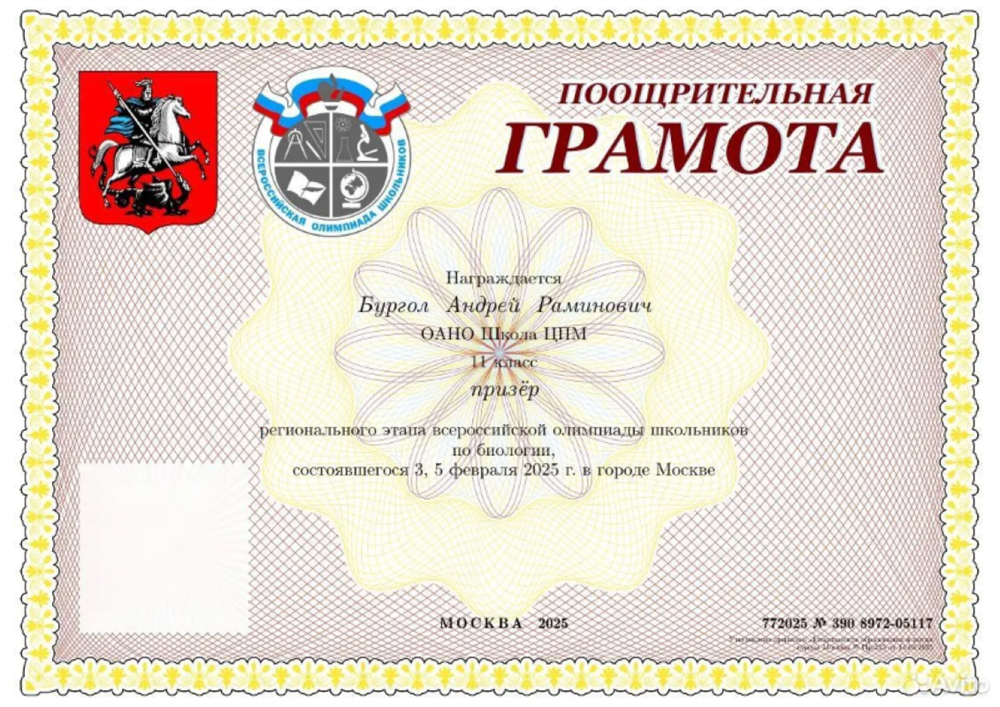 Диплом призера региональный этап
