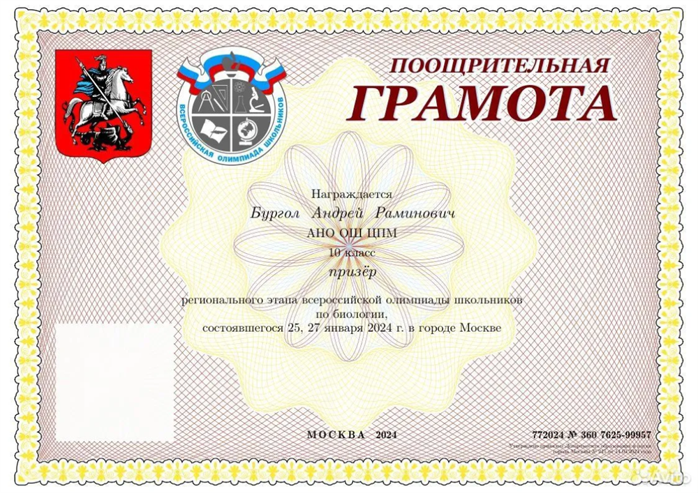 Диплом призера региональный этап