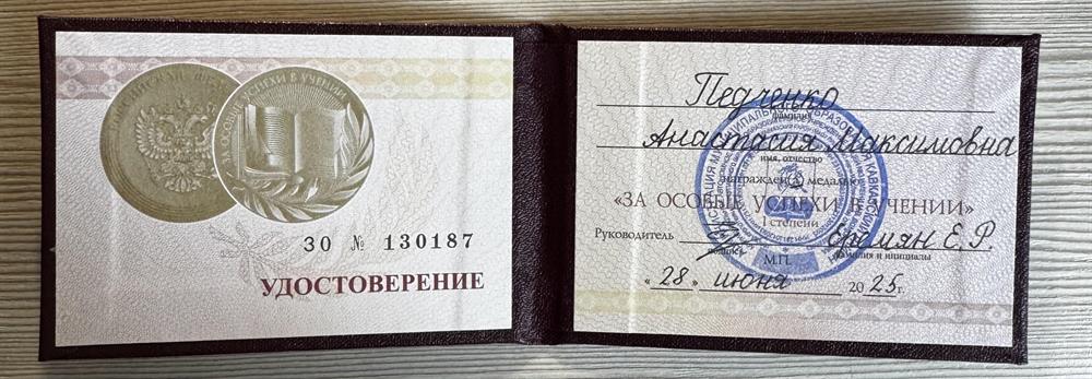 Золотая медаль "За особые успехи в учении"
