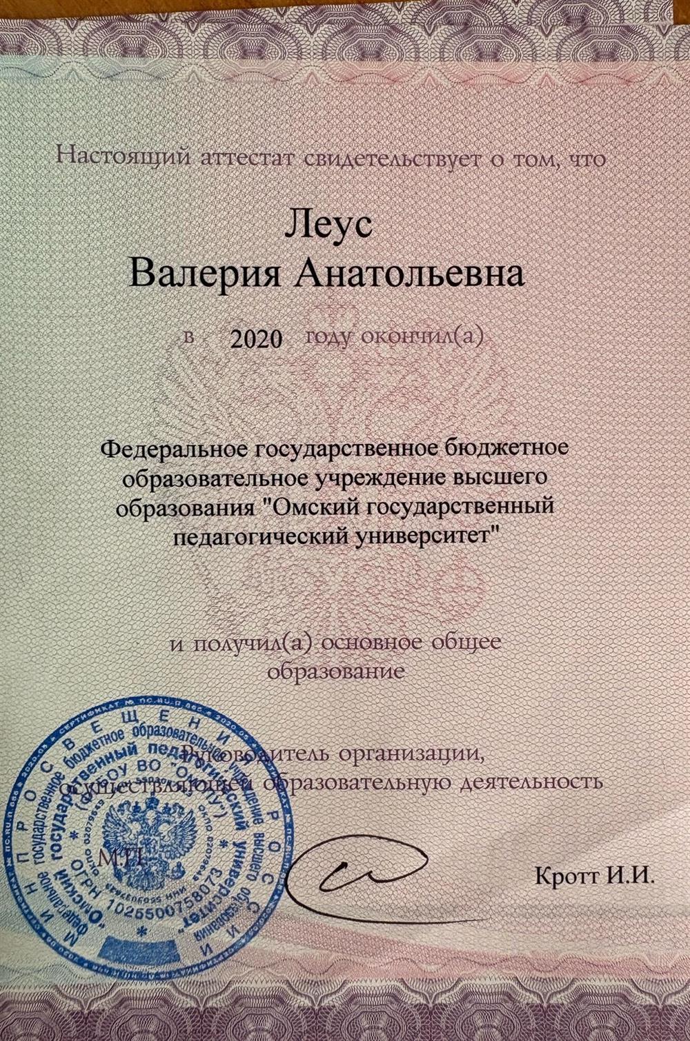 Аттестат об основном общем образовании ФГБОУВО "Омский Государственный Педагогический университет"