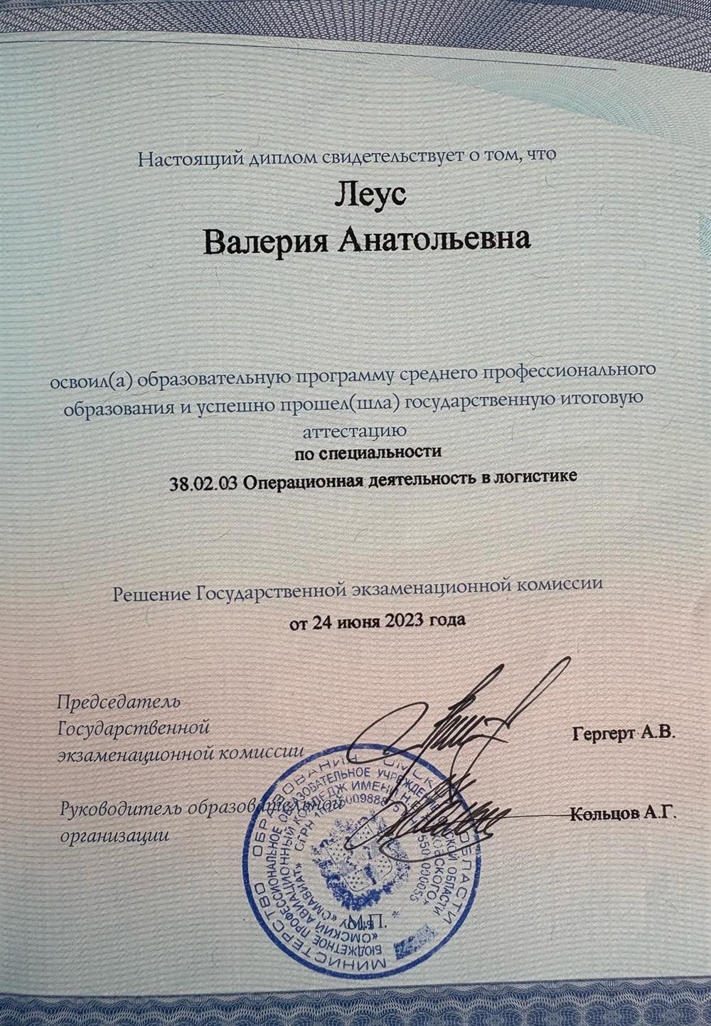 Диплом о среднем профессиональном образовании по специальности: Операционная деятельность в логистике, ОмАВИАТ