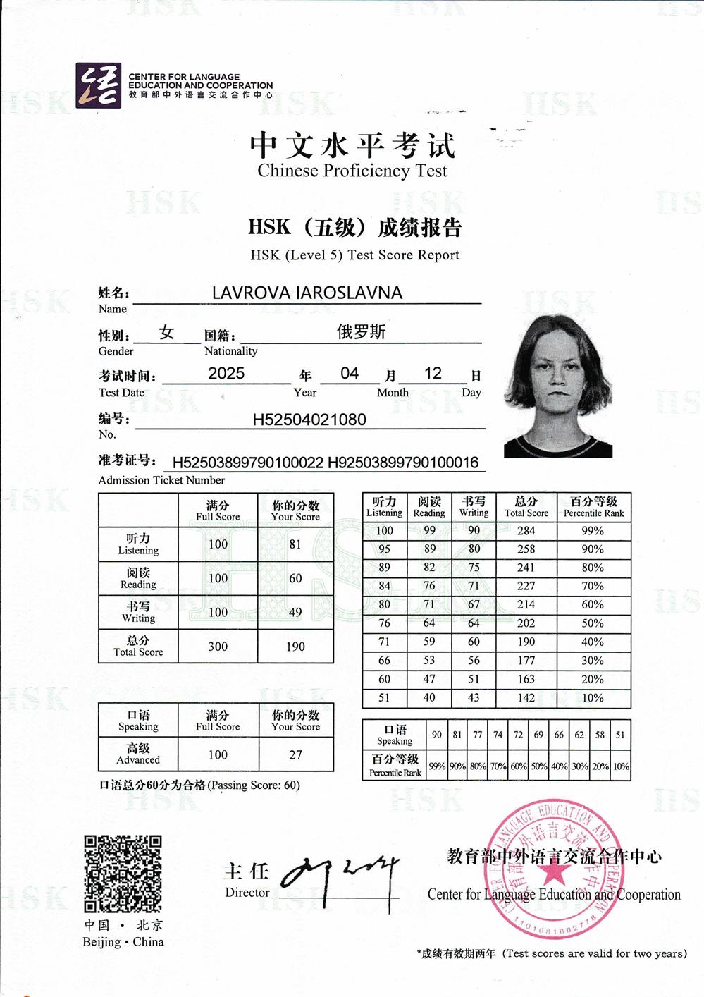 Сертификат об уровне владения китайским языков HSK 5