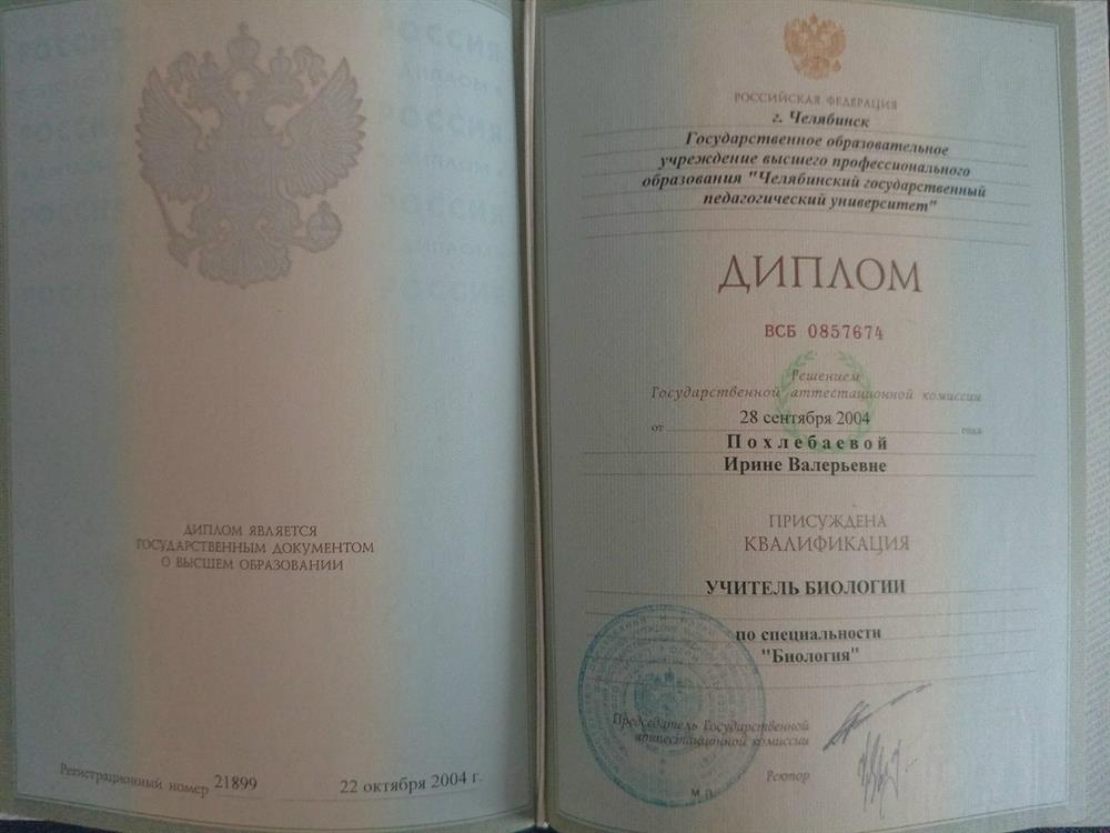Диплом об образовании. ГОУ ВПО "Челябинский государственный педагогический универсистет"