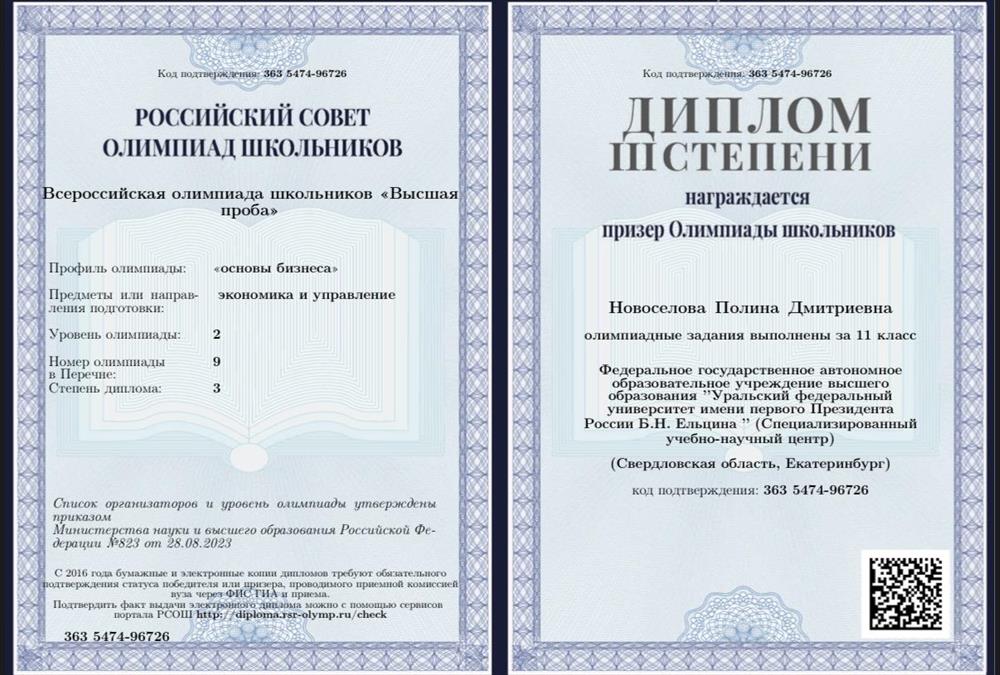 Призёр Всероссийской олимпиады школьников «Высшая проба» по основам бизнеса