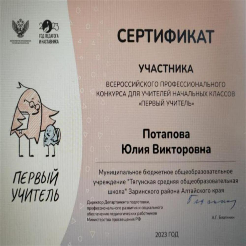 Сертификат участника Всероссийского конкурса учителей начальных классов 