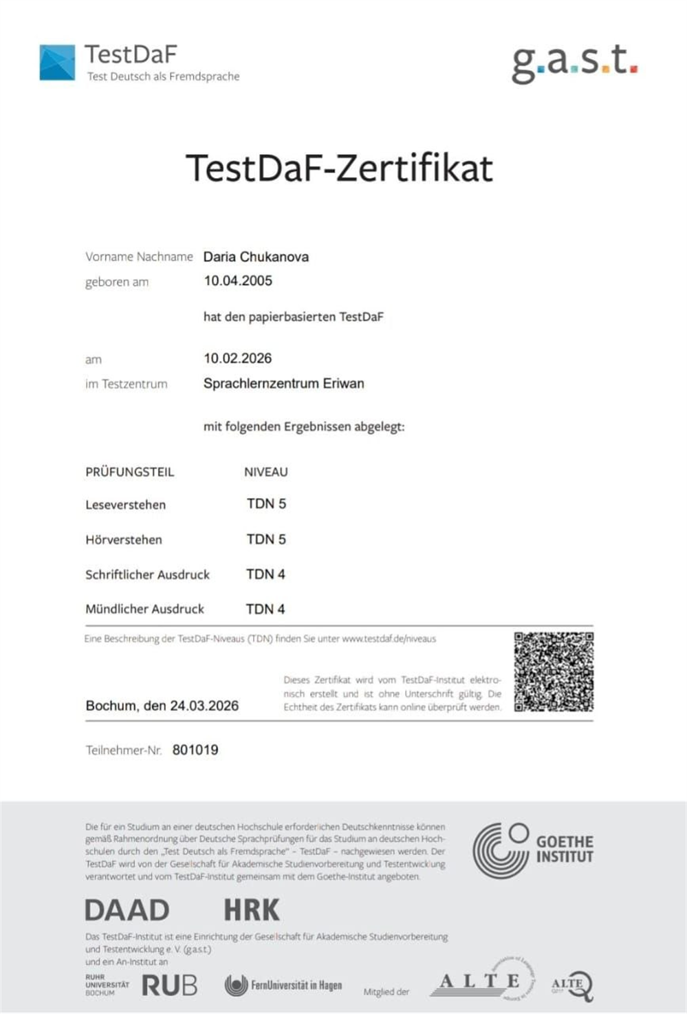 Сертификат TestDaF, подтверждающий владение немецким языком на уровне С1