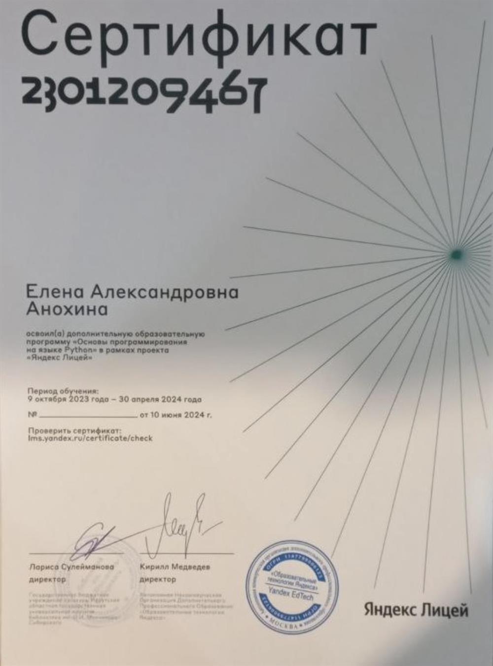 Яндекс лицей, программирование на python