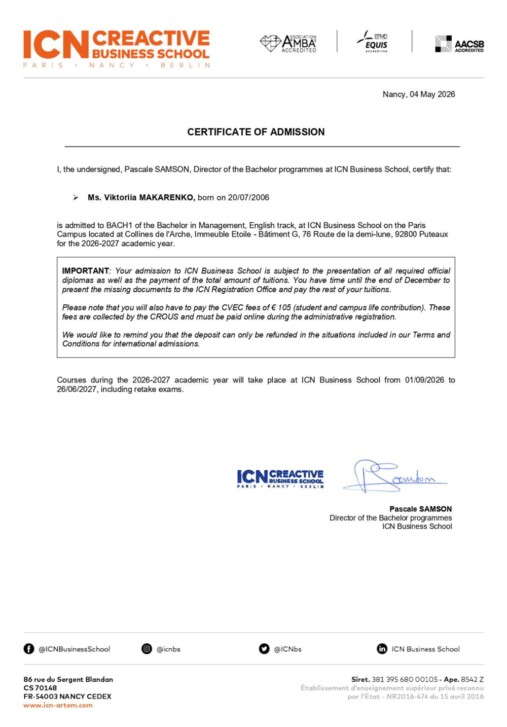 Certificate of admisson ICN Business School