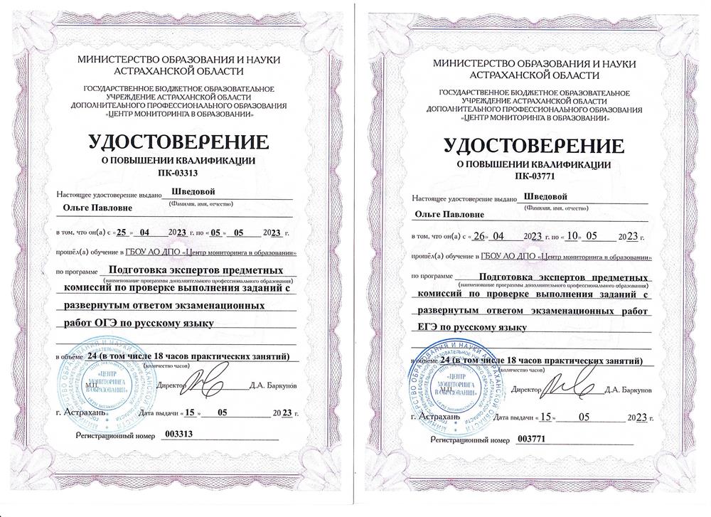 Удостоверения о повышении квалификации