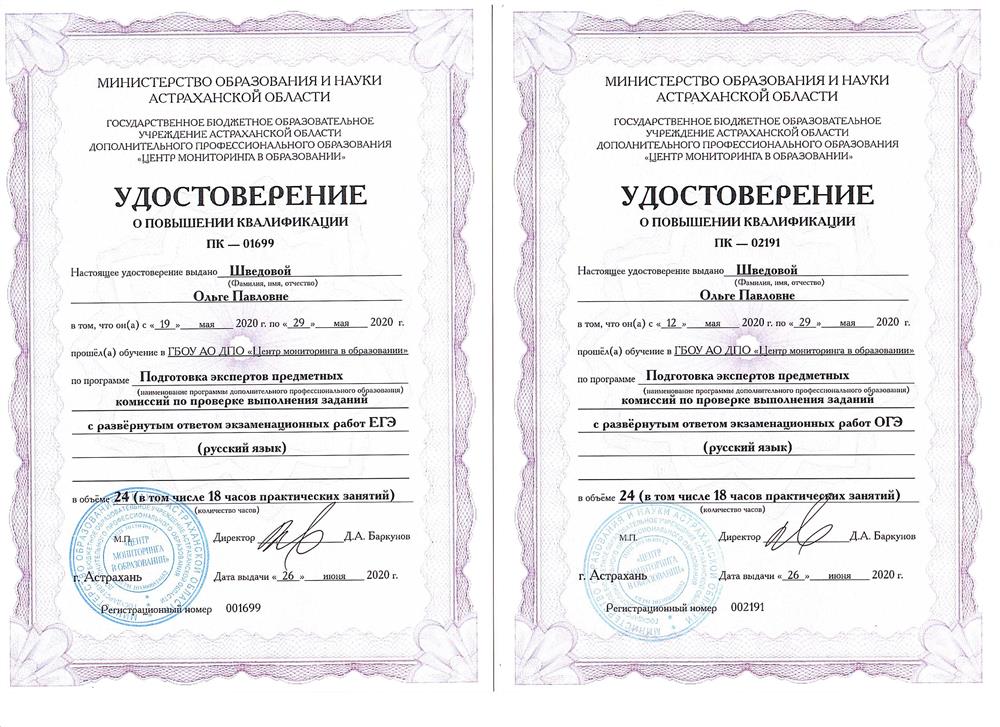 Удостоверения о повышении квалификации