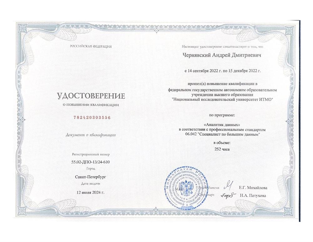 Удостоверение о повышении квалификации на курсе "Аналитик данных" от университета ИТМО (252 часа)
