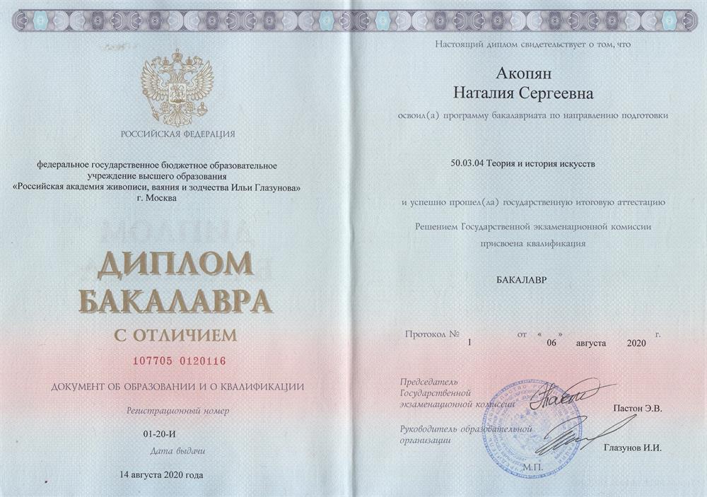 Диплом бакалавра с отличием. Специальность "Теория и история искусств"
