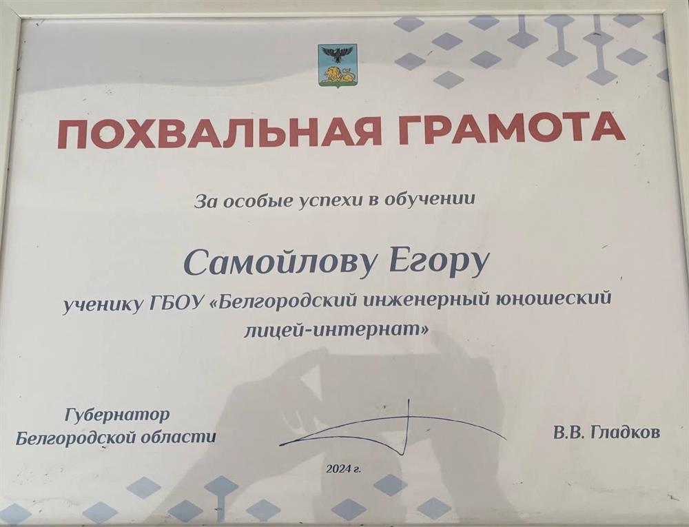 Грамота за особые успехи в учебе от губернатора Белгородской области.