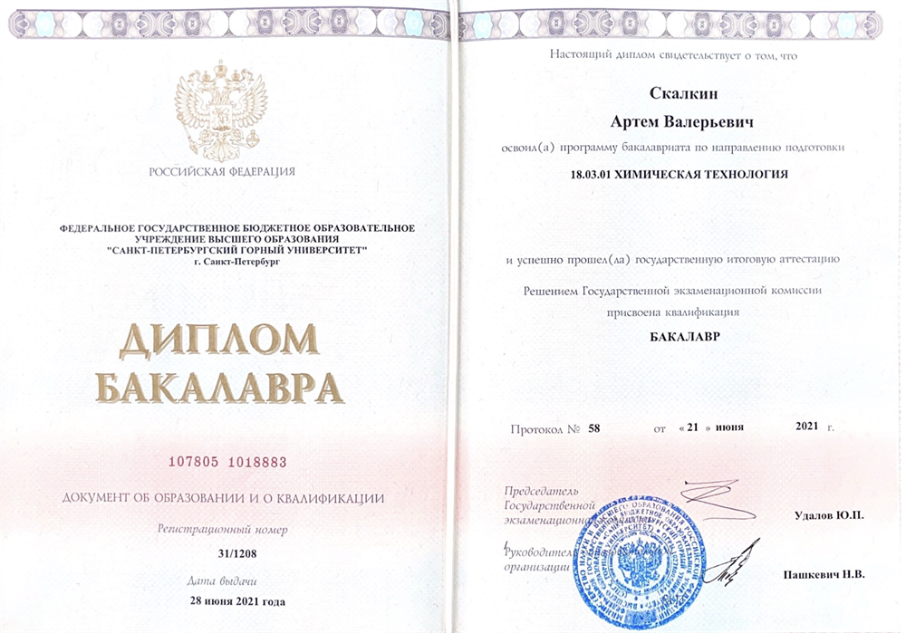 Высшее образование - Санкт-Петербургский горный университет,  «Химическая технология неорганических веществ», бакалавриат