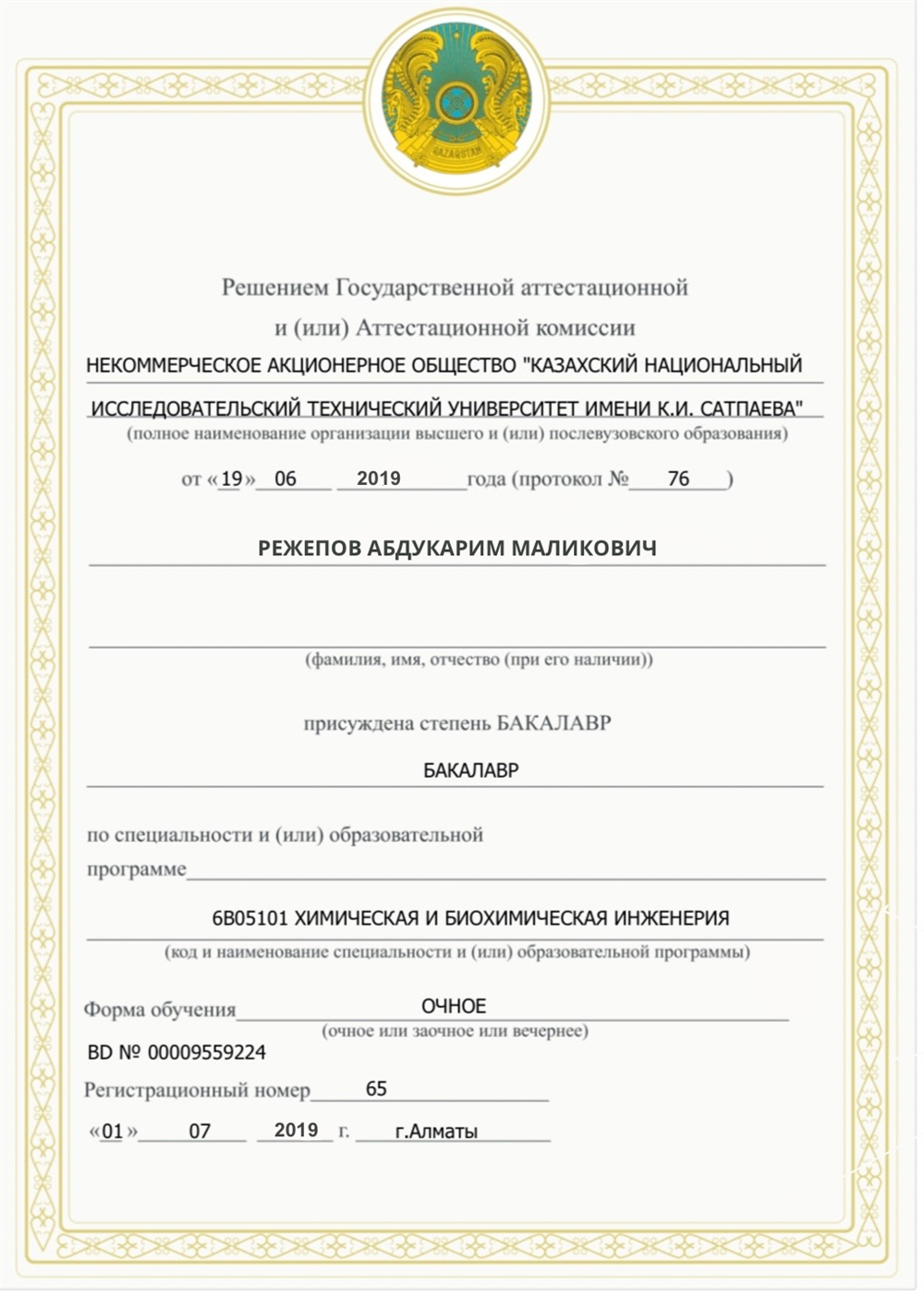 Диплом бакалавра по специальности «Химическая и биохимическая инженерия», Satbayev University, 2019 г.