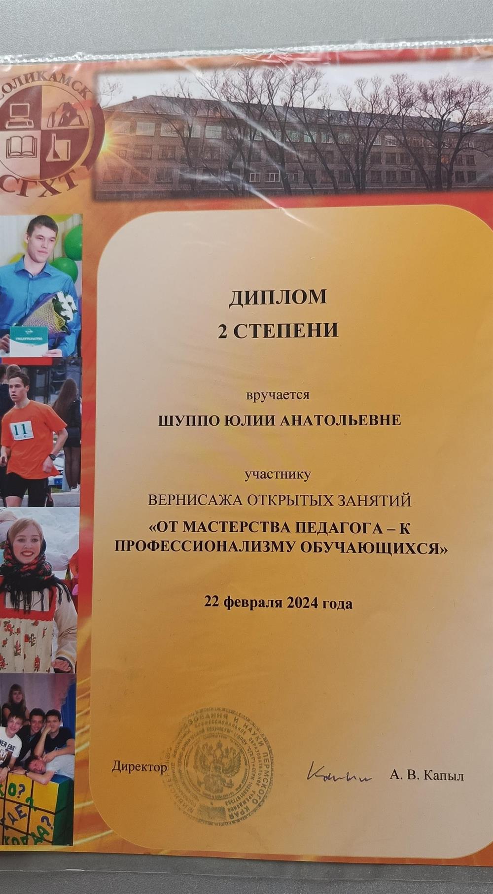 Диплом 2 степени о проведении открытого урока по русскому языку на базе Соликамского горно-химического техникума.