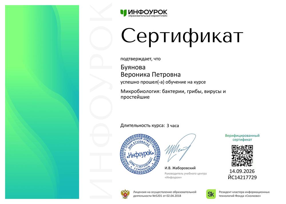 Сертификат Микробиология

