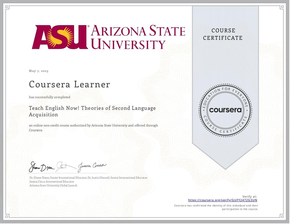 Сертификат - Theories of Second Language Acquisition